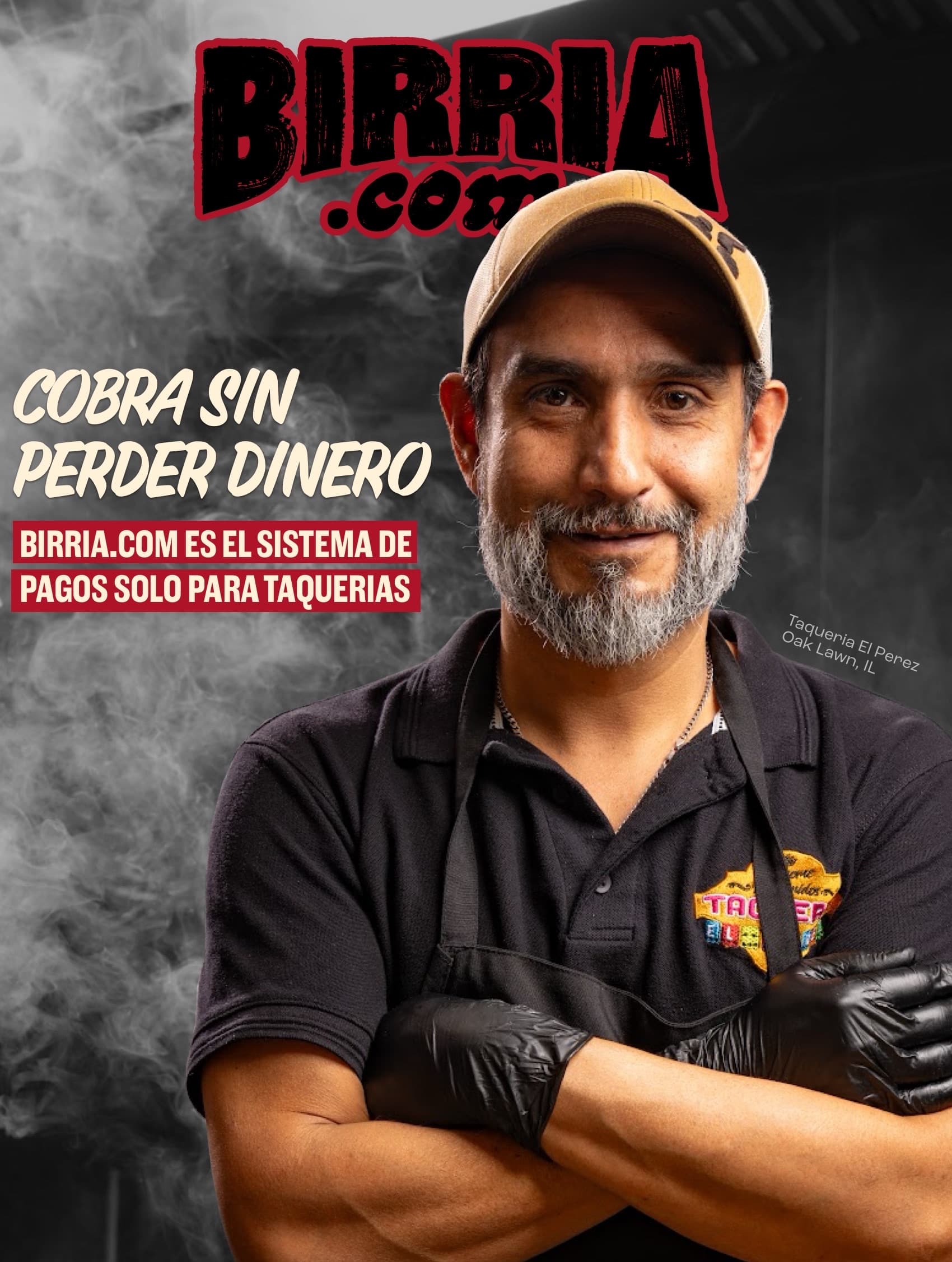 Birria.com hero with taqueria owner and the message Cobra sin perder dinero.