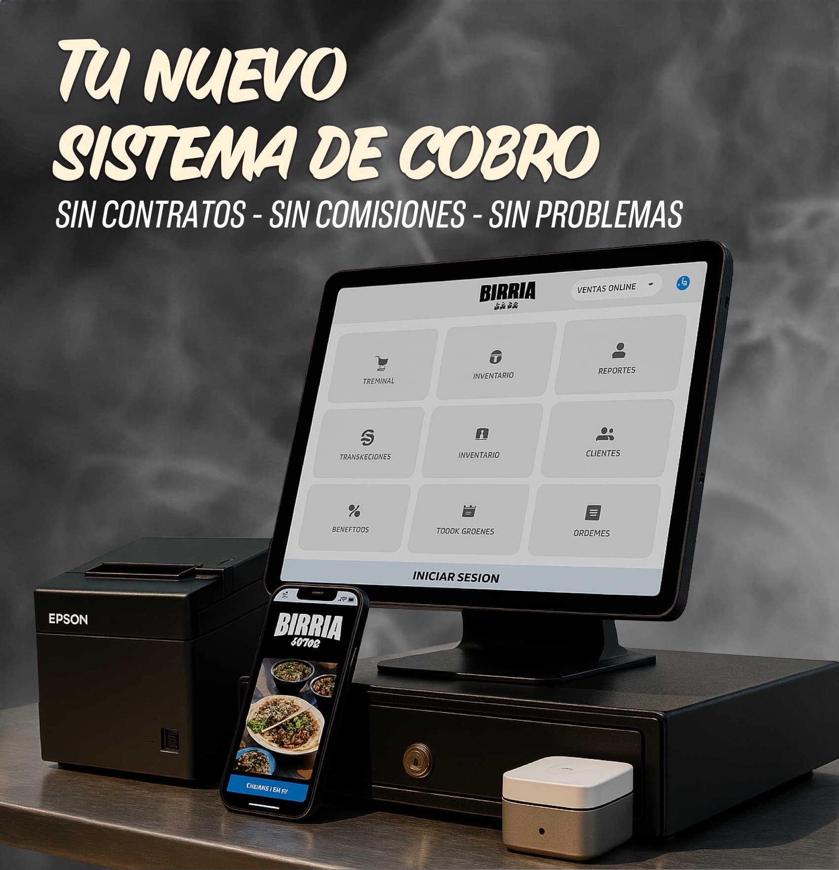 Birria.com POS hardware with the message Tu nuevo sistema de cobro.